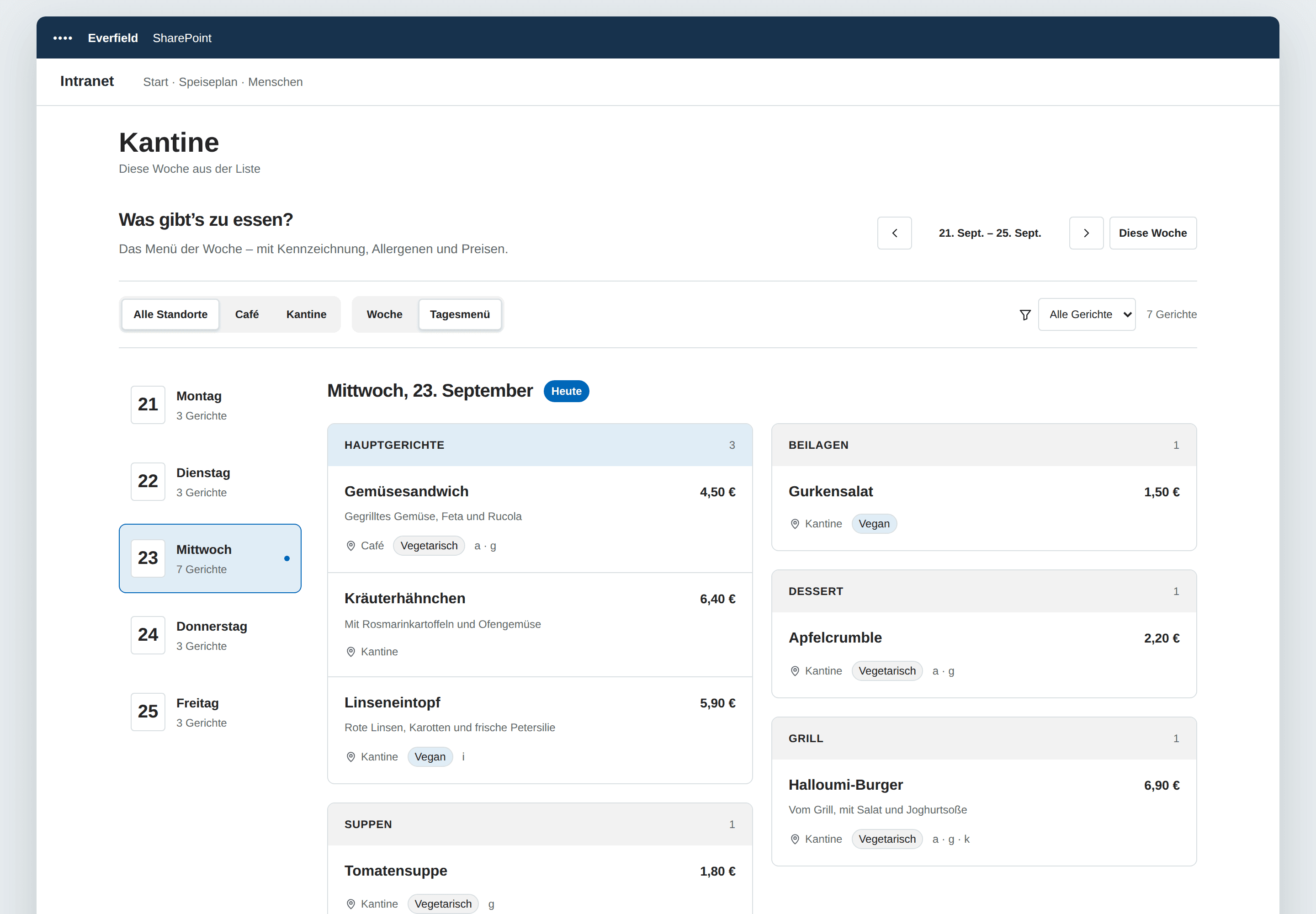 Speiseplan — SharePoint-Webpart, Helles SharePoint-Design