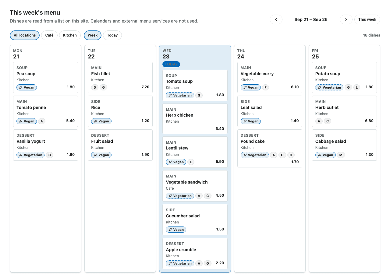 Canteen Menu shown in the Light SharePoint theme