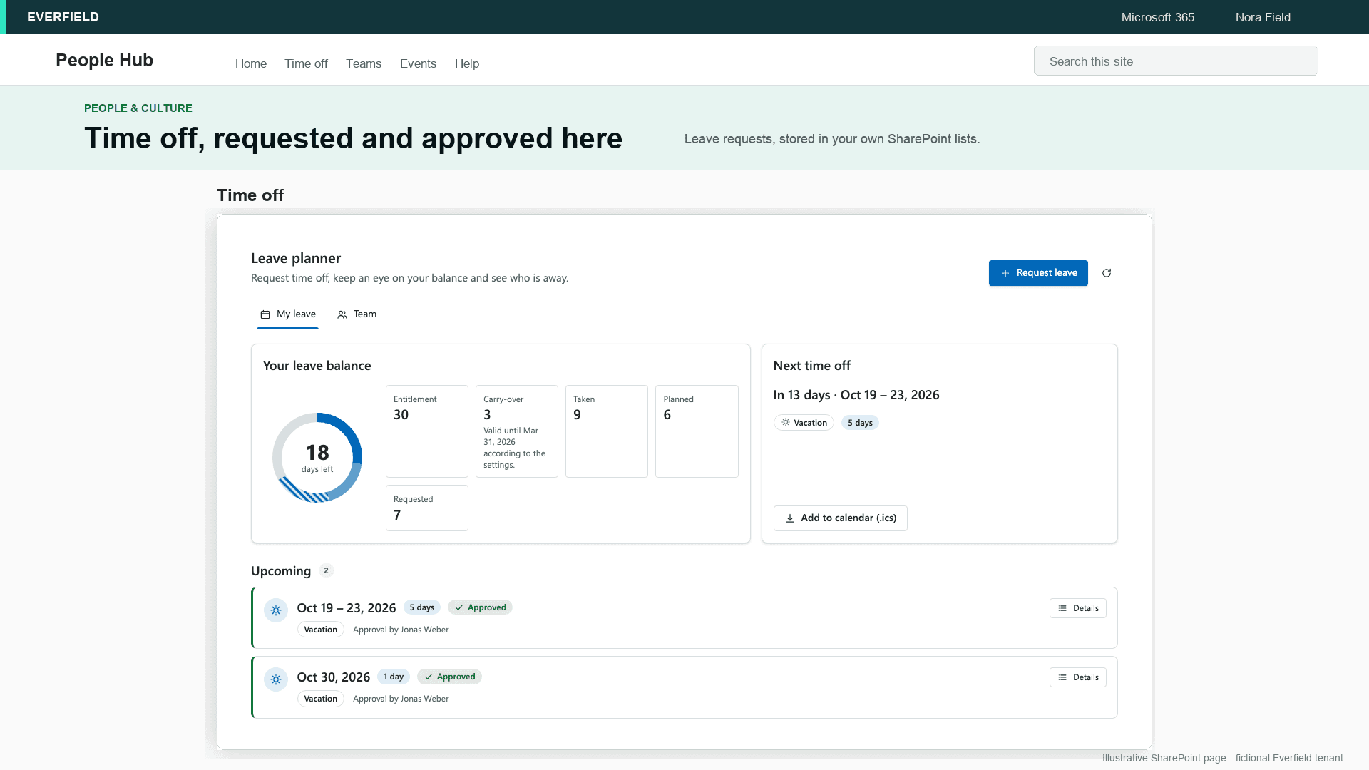 Leave Planner Pro — SharePoint web part, Light SharePoint theme