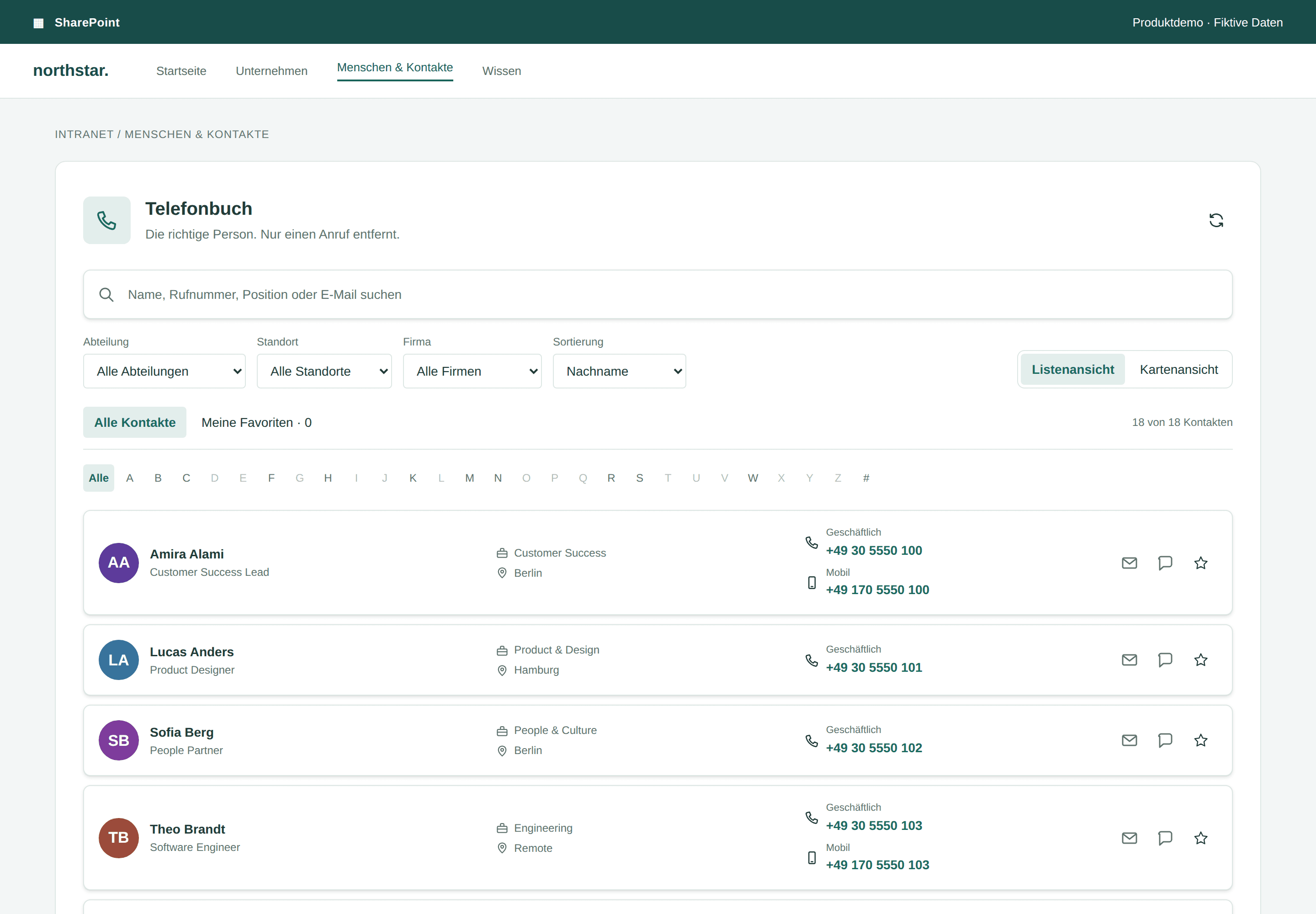 Telefonbuch Pro — SharePoint-Webpart, Helles SharePoint-Design
