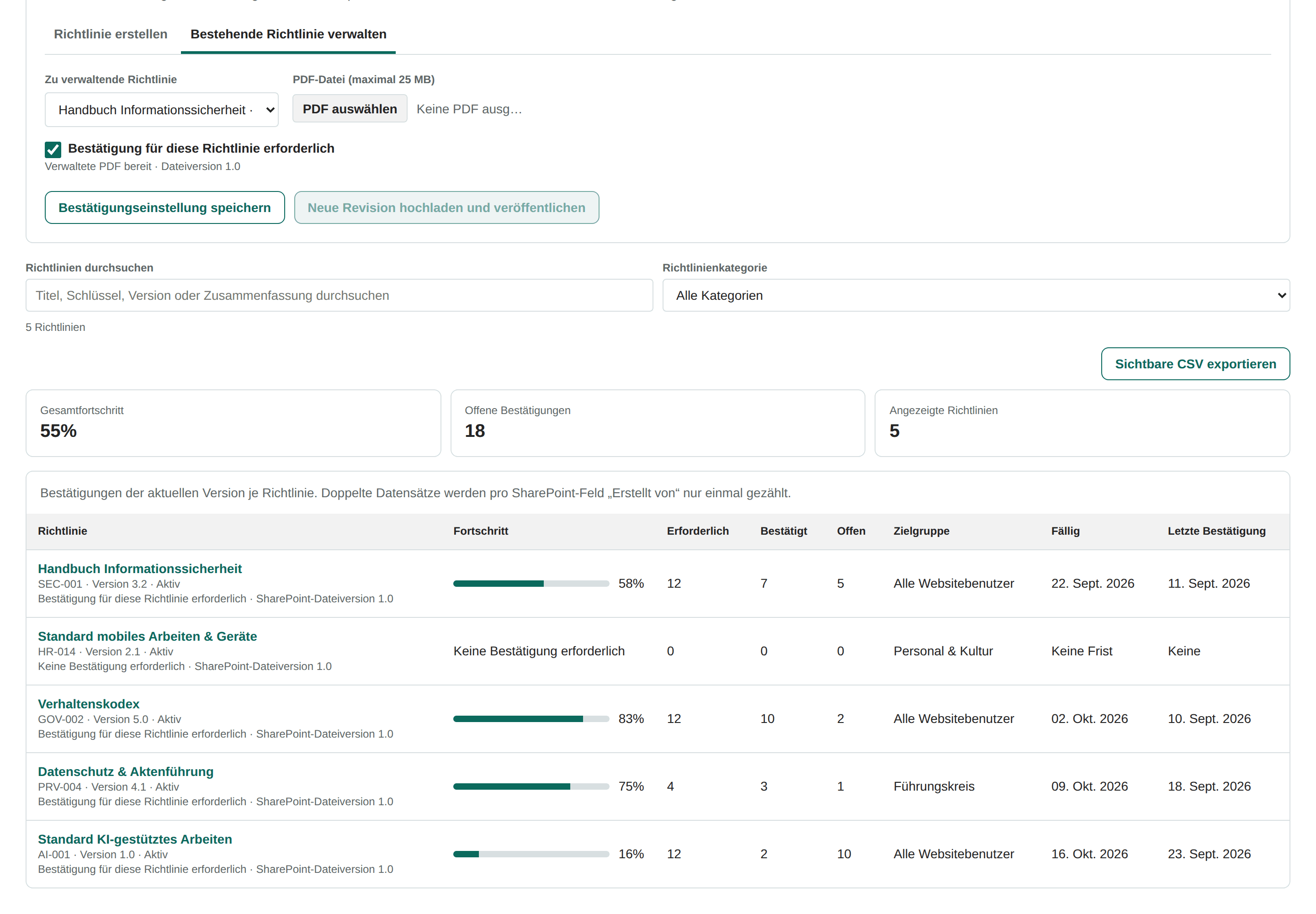 Policy Acknowledgement Pro — SharePoint web part, Light SharePoint theme